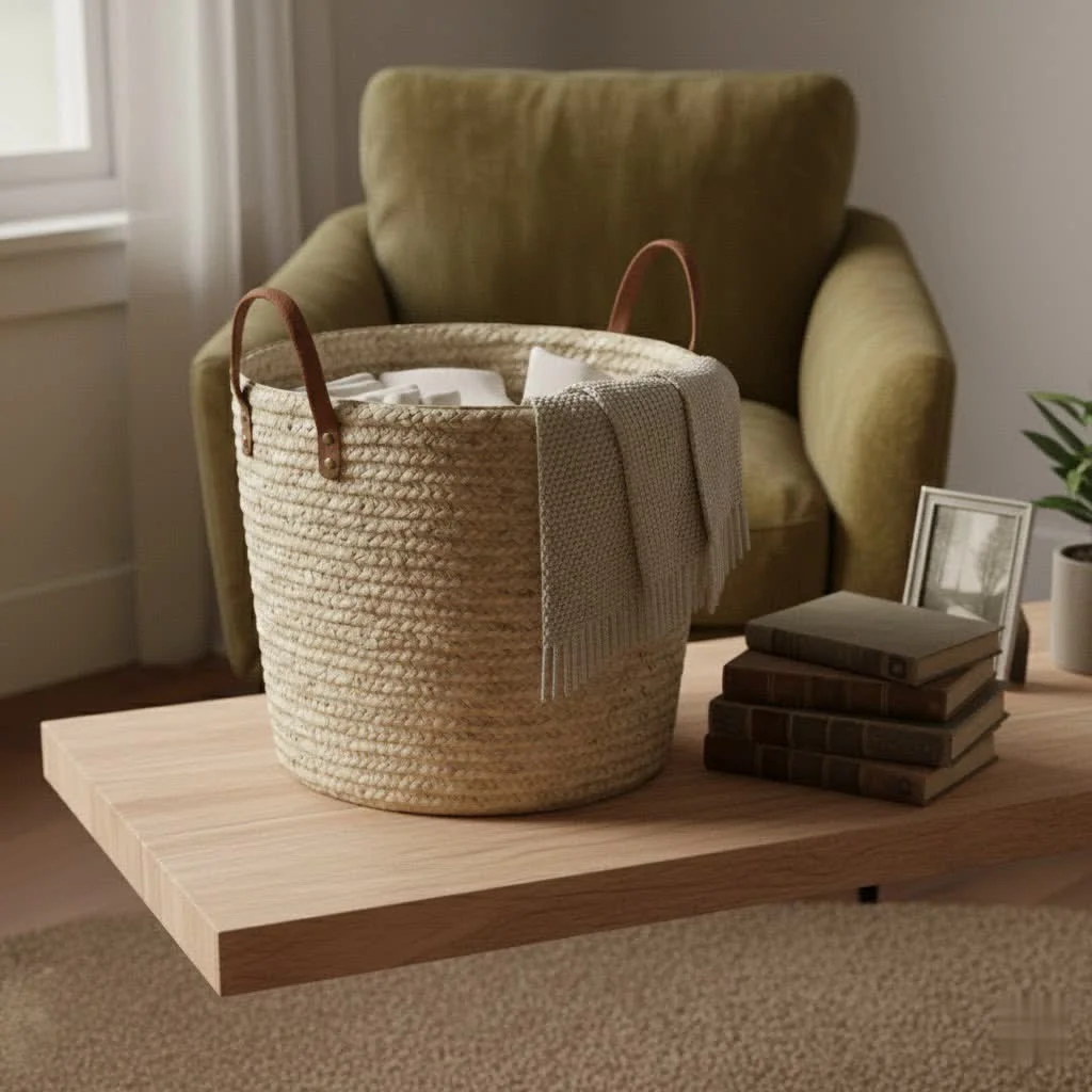 Laundry basket with lid in a tidy home