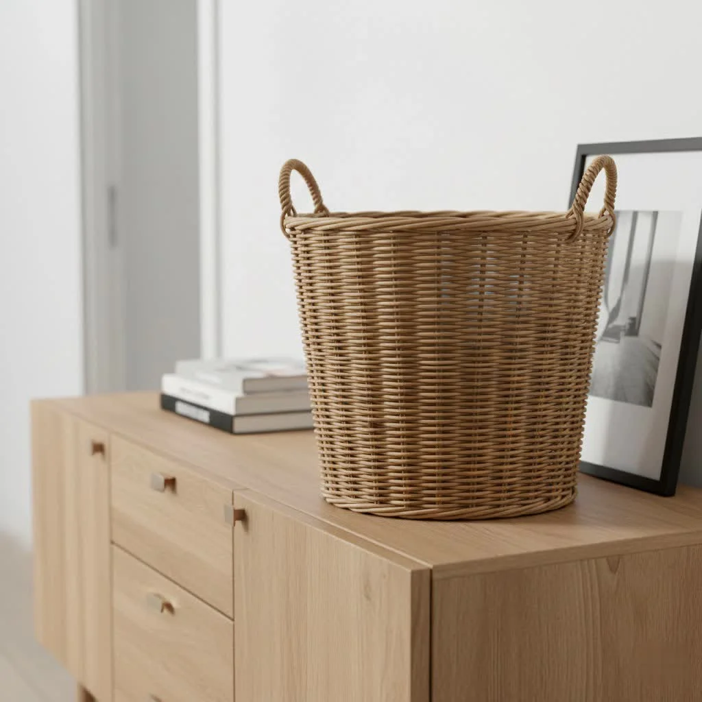 Slim laundry basket in a modern bathroom