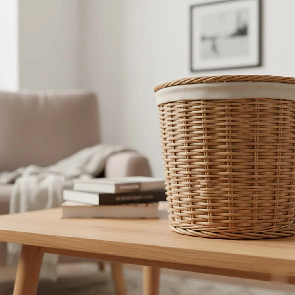 Slim laundry basket in a compact bathroom