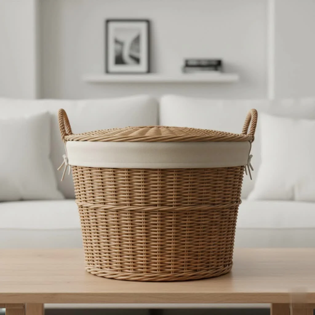 Tall plastic laundry basket with clothes